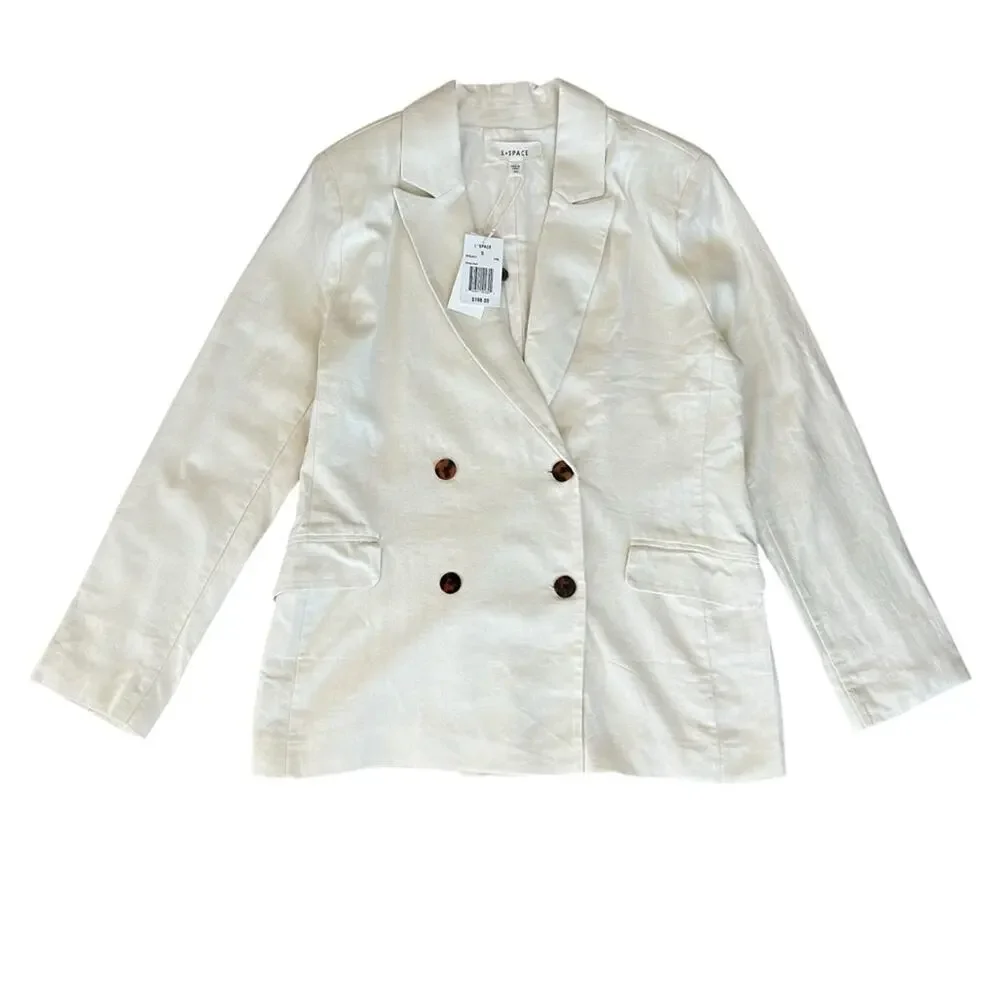 L*Space Women’s Rhodes White Cream Linen Cotton Double Breasted Long Blazer S